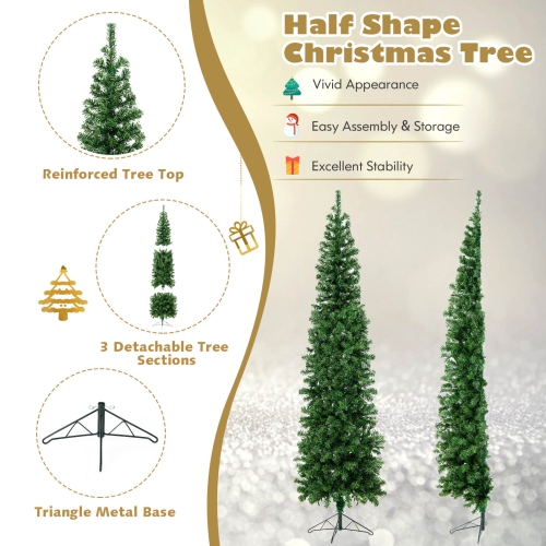Topbuy 7 FT Pre-lit Half-Shape Christmas Tree Artificial Xmas Tree w/450 Branch Tips & 150 Warm White LED Lights, Seasonal Holiday Decoration tree