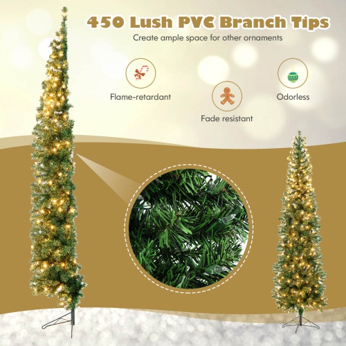 Topbuy 7 FT Pre-lit Half-Shape Christmas Tree Artificial Xmas Tree w/450 Branch Tips & 150 Warm White LED Lights, Seasonal Holiday Decoration tree