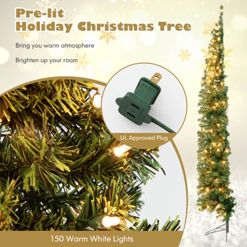 Topbuy 7 FT Pre-lit Half-Shape Christmas Tree Artificial Xmas Tree w/450 Branch Tips & 150 Warm White LED Lights, Seasonal Holiday Decoration tree