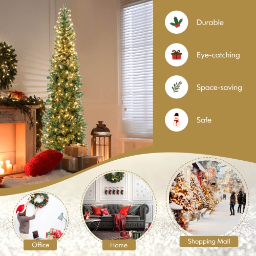 Topbuy 7 FT Pre-lit Half-Shape Christmas Tree Artificial Xmas Tree w/450 Branch Tips & 150 Warm White LED Lights, Seasonal Holiday Decoration tree