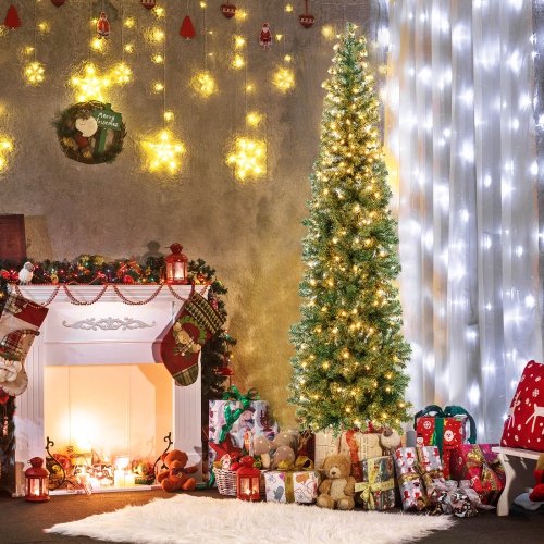 Topbuy 7 FT Pre-lit Half-Shape Christmas Tree Artificial Xmas Tree w/450 Branch Tips & 150 Warm White LED Lights, Seasonal Holiday Decoration tree