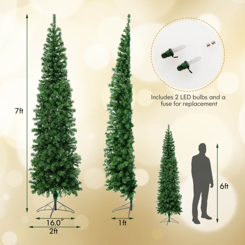 Topbuy 7 FT Pre-lit Half-Shape Christmas Tree Artificial Xmas Tree w/450 Branch Tips & 150 Warm White LED Lights, Seasonal Holiday Decoration tree