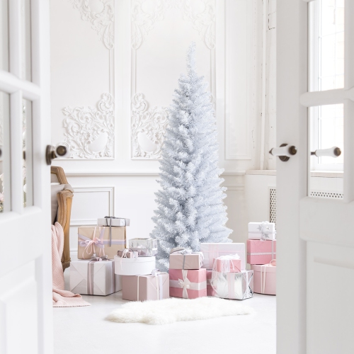 Topbuy 5FT Life-Like Slender White Christmas Tree Artificial Pencil Unlit Xmas Tree W/ Folding Metal Stand & sturdy PVC