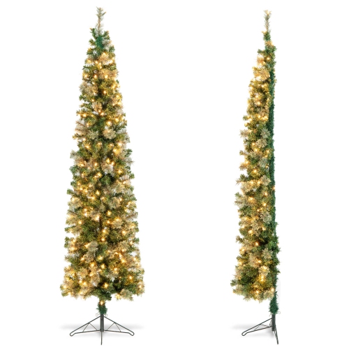 Topbuy 7 FT Pre-lit Half-Shape Christmas Tree Artificial Xmas Tree w/Premium PVC & Pine Needles Seasonal Holiday Decoration tree w/403 Branch Tips &