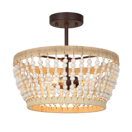 Boho 3-Light Drum Wood Beaded Semi Flush Mount