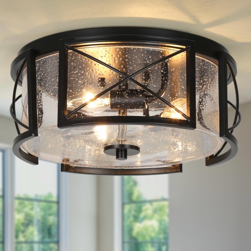 Modern Black 3-Light Drum Shaded Glass Semi Flush Mount