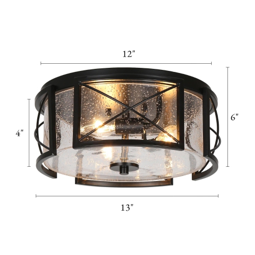 Modern Black 3-Light Drum Shaded Glass Semi Flush Mount