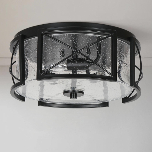 Modern Black 3-Light Drum Shaded Glass Semi Flush Mount