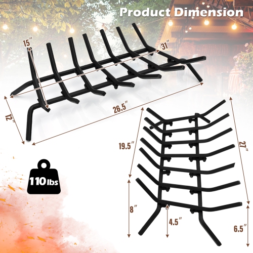 Topbuy 31/25/18-Inch Fireplace Log Grate Heavy Duty Solid Steel Fireplace Log Holder with 7 1/2" Steel Bars Indoor Outdoor Grill Fireplace Log Grate