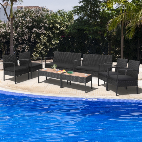 Patiojoy Patio Rattan 8PCS Cushioned Chair Side Table Set Bistro Set Classic Furniture Single Sofa Thick Cushion Loveseat for Garden Black