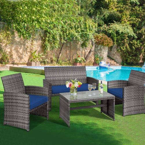 Patiojoy 8-Piece Outdoor Patio Furniture Set Rattan Wicker Conversation Sofa Set Navy