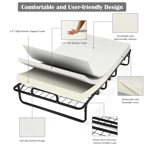 Lit pliant avec matelas en mousse à mémoire lit de repos/lit d’invité Rollaway de TopBuy