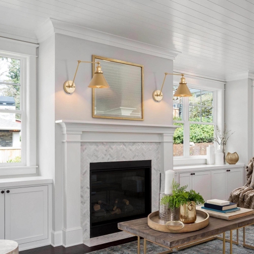 Set of 2 Modern Gold Adjustable Plug-in Swing Arm Wall Sconce