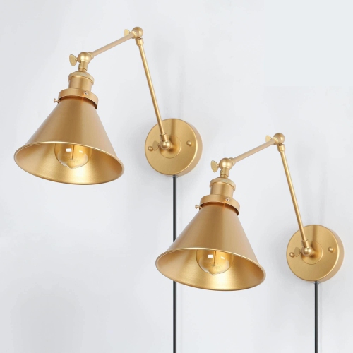 Set of 2 Modern Gold Adjustable Plug-in Swing Arm Wall Sconce