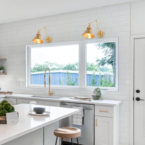 Set of 2 Modern Gold Adjustable Plug-in Swing Arm Wall Sconce