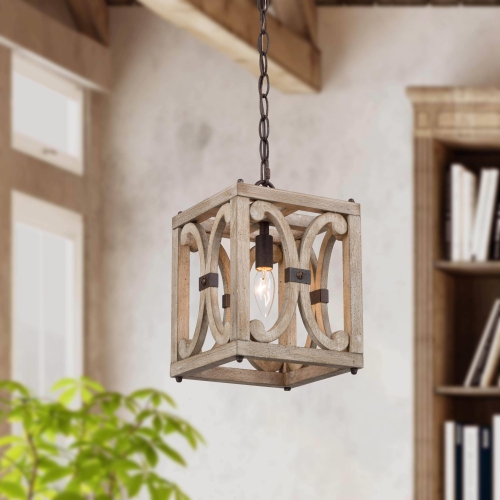 LNC  Farmhouse 1-Light Wood Square Pendant for Kitchen Island