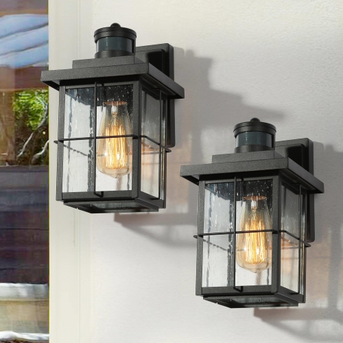 LNC  Set Of 2 Modern Square Glass Outdoor Wall Sconce In Black