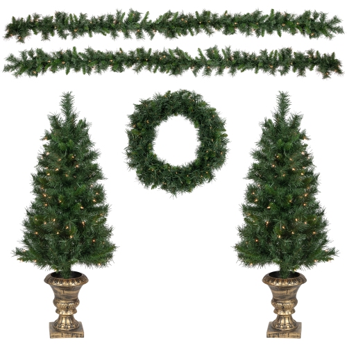 Pre-Lit Battery Operated Norwich Pine Artificial Christmas Entryway Set - 5-Piece - Clear Lights