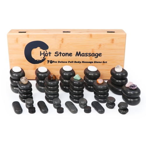 Master Massage 70-Piece Deluxe Hot Stone Therapy Kit – Black Lava Basalt Stones, White Marble Cool Stones, and Chakra Healing Set for Full Body