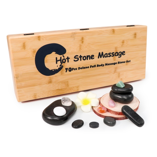Master Massage 70-Piece Deluxe Hot Stone Therapy Kit – Black Lava Basalt Stones, White Marble Cool Stones, and Chakra Healing Set for Full Body