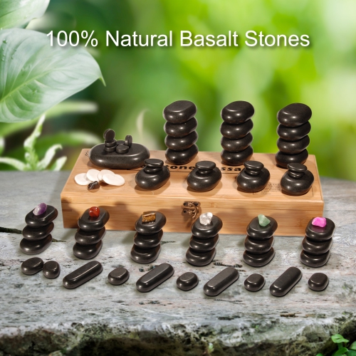Master Massage 70-Piece Deluxe Hot Stone Therapy Kit – Black Lava Basalt Stones, White Marble Cool Stones, and Chakra Healing Set for Full Body