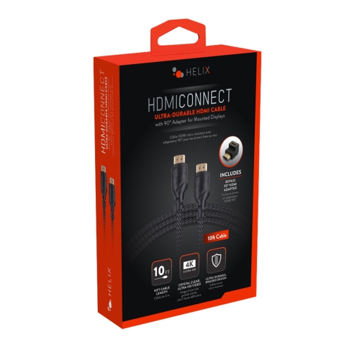 Helix New Braided Black Universal HDMI Cable 10 FT | With 90 Deg Adapter For Mounted Displays | 4K Ultra HD VIDEO & Data Transfer Braided HDMI Cable