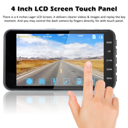1296P Full HD Dual Dashcam with Night Vision 140°Wide Angle 4" HD Screen for Car