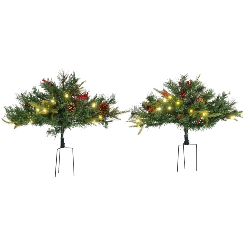 HOMCOM 1.5 Foot/16 inch 2 Pack Prelit Artificial Christmas Tree Cordless with 69 Branches, Warm White LED lights, Red Berries, Pine Cones, for