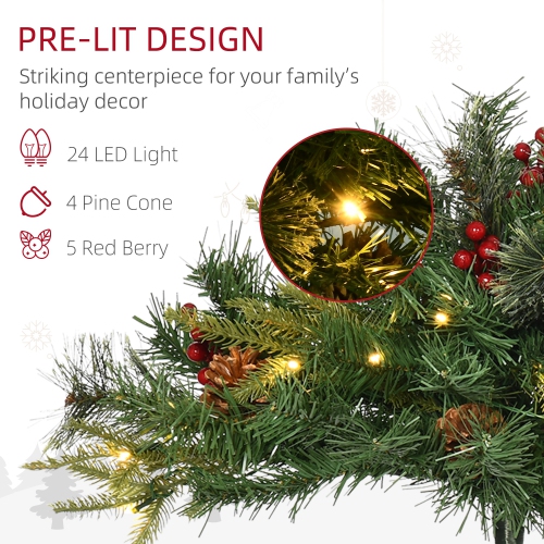 HOMCOM 1.5 Foot/16 inch 2 Pack Prelit Artificial Christmas Tree Cordless with 69 Branches, Warm White LED lights, Red Berries, Pine Cones, for