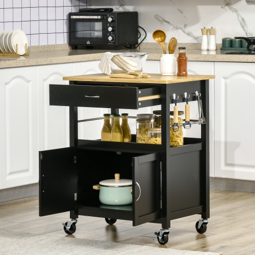 HOMCOM Kitchen Cart, Utility Trolley, Small Kitchen Island with Storage Drawer & Side Hooks for Dining Room, Black