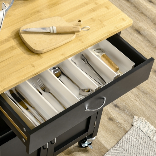 HOMCOM Kitchen Cart, Utility Trolley, Small Kitchen Island with Storage Drawer & Side Hooks for Dining Room, Black