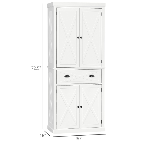 HOMCOM 72.5" Tall Kitchen Pantry Cabinet, Farmhouse Freestanding Kitchen Storage Cabinet with 4 Barn Doors, Drawer and Adjustable Shelves, White