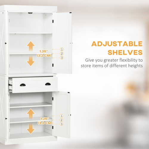 HOMCOM 72.5" Tall Kitchen Pantry Cabinet, Farmhouse Freestanding Kitchen Storage Cabinet with 4 Barn Doors, Drawer and Adjustable Shelves, White