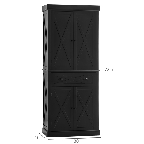 HOMCOM 72.5" Tall Kitchen Pantry Cabinet, Farmhouse Freestanding Kitchen Storage Cabinet with 4 Barn Doors, Drawer and Adjustable Shelves, Black