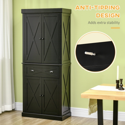 HOMCOM 72.5" Tall Kitchen Pantry Cabinet, Farmhouse Freestanding Kitchen Storage Cabinet with 4 Barn Doors, Drawer and Adjustable Shelves, Black