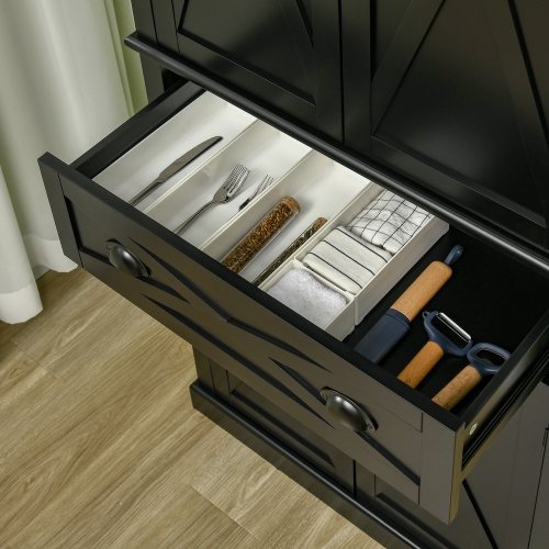 HOMCOM 72.5" Tall Kitchen Pantry Cabinet, Farmhouse Freestanding Kitchen Storage Cabinet with 4 Barn Doors, Drawer and Adjustable Shelves, Black