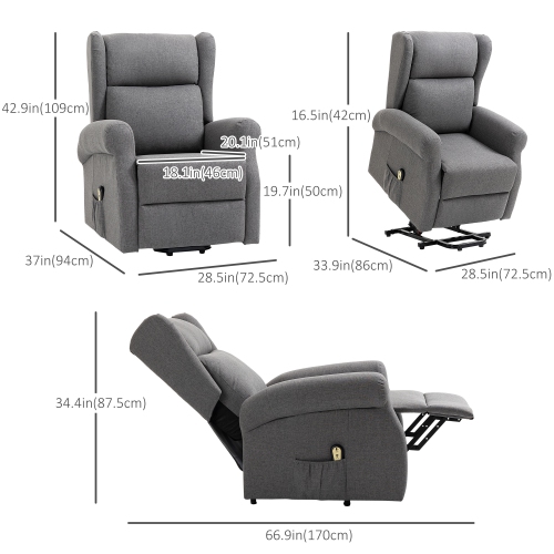 HOMCOM Power Lift Chair for Elderly, Linen Wingback Electric Recliner Chair with Footrest, Remote Control, Side Pockets for Living Room, Grey