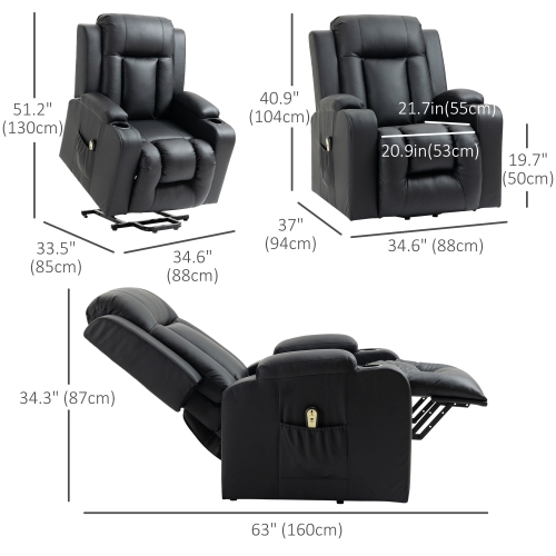 HOMCOM Electric Power Lift Chair for Elderly, PU Leather Recliner Chair with Footrest, Remote Control, Side Pockets and Cup Holders for Living Room,