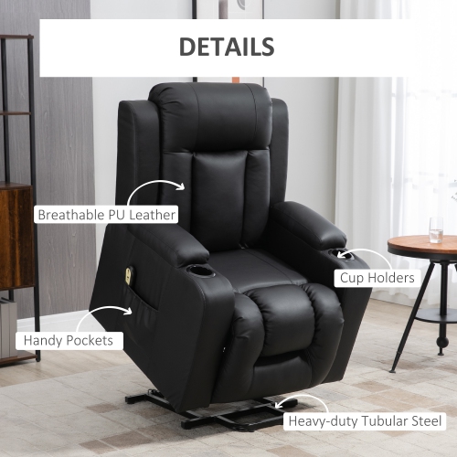 HOMCOM Electric Power Lift Chair for Elderly, PU Leather Recliner Chair with Footrest, Remote Control, Side Pockets and Cup Holders for Living Room,