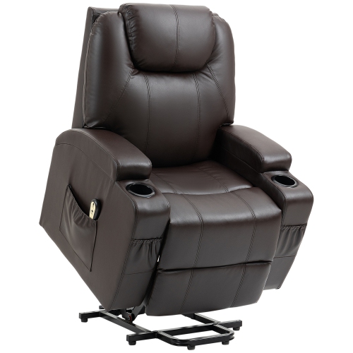 HOMCOM Power Lift Chair for Elderly, PU Leather Recliner Sofa Chair with Footrest, Remote Control, Side Pockets and Cup Holders, Brown