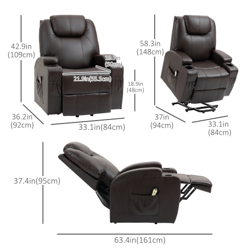 HOMCOM Power Lift Recliner Chair for Elderly, PU Leather Lift Chair with Footrest, Remote Control, Side Pockets and Cup Holders, Reclining Sofa for