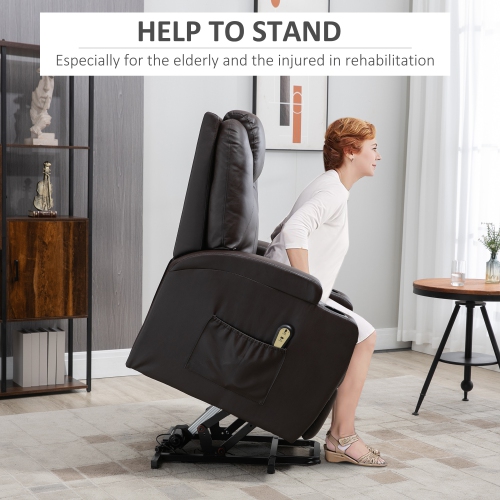 HOMCOM Power Lift Recliner Chair for Elderly, PU Leather Lift Chair with Footrest, Remote Control, Side Pockets and Cup Holders, Reclining Sofa for