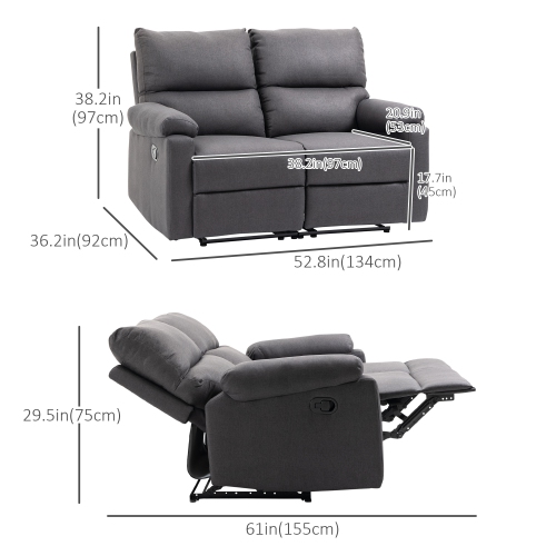 HOMCOM – Causeuse inclinable double, fauteuil inclinable manuel 2 places, canapé inclinable rembourré avec repose-pieds et dossier divisé, gris foncé