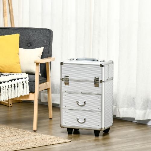HOMCOM Aluminum Rolling Makeup Train Case, Portable Professional Cosmetic Makeup Case, Lockable Traveling Cart Trunk with Folding Trays, Swivel