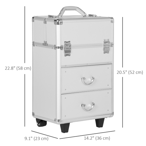 HOMCOM Aluminum Rolling Makeup Train Case, Portable Professional Cosmetic Makeup Case, Lockable Traveling Cart Trunk with Folding Trays, Swivel