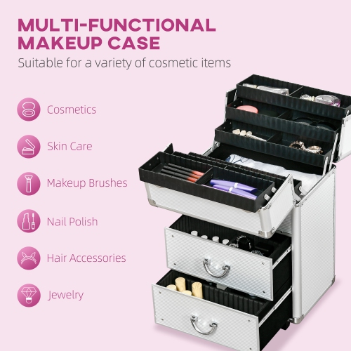 HOMCOM Aluminum Rolling Makeup Train Case, Portable Professional Cosmetic Makeup Case, Lockable Traveling Cart Trunk with Folding Trays, Swivel