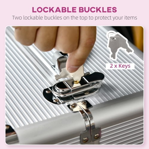 HOMCOM Aluminum Rolling Makeup Train Case, Portable Professional Cosmetic Makeup Case, Lockable Traveling Cart Trunk with Folding Trays, Swivel