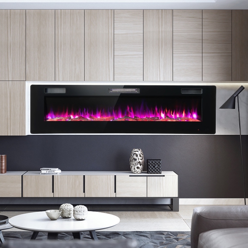 Costway 68" Ultra-Thin Electric Fireplace Recessed Wall Mounted W/Crystal Log Decoration