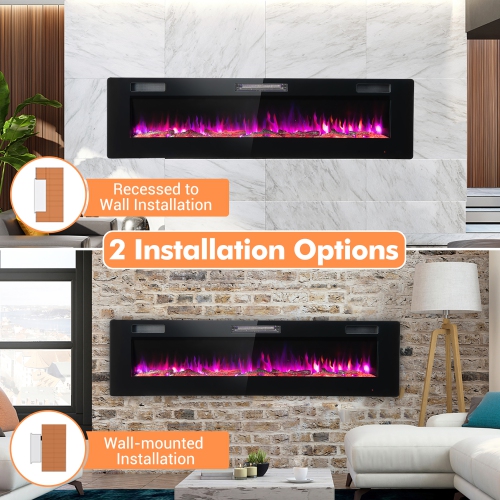 Costway 68" Ultra-Thin Electric Fireplace Recessed Wall Mounted W/Crystal Log Decoration