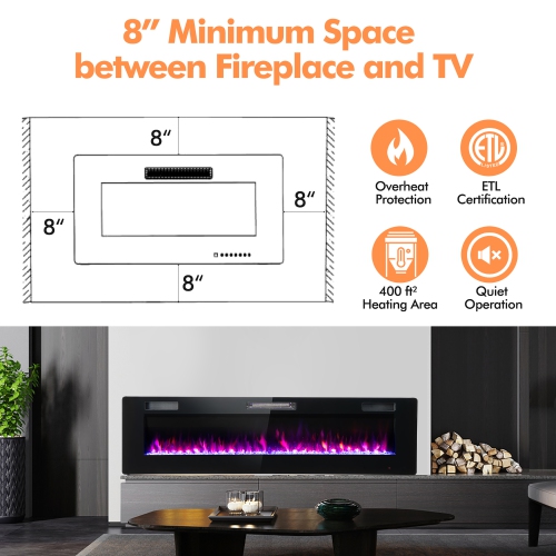 Costway 68" Ultra-Thin Electric Fireplace Recessed Wall Mounted W/Crystal Log Decoration